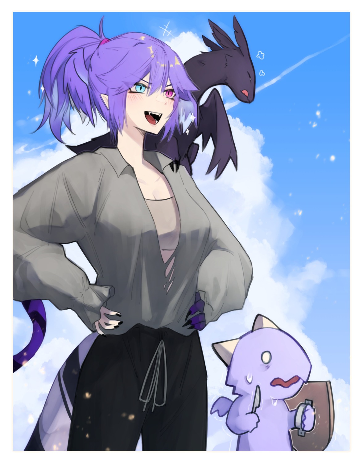cleavage, daiishori, dragoon_(selen_tatsuki), ember_(selen_tatsuki), heterochromia, monster, nijisanji, nijisanji_en, pointy_ears, selen_tatsuki, tail, torn_clothes, weapon, wings