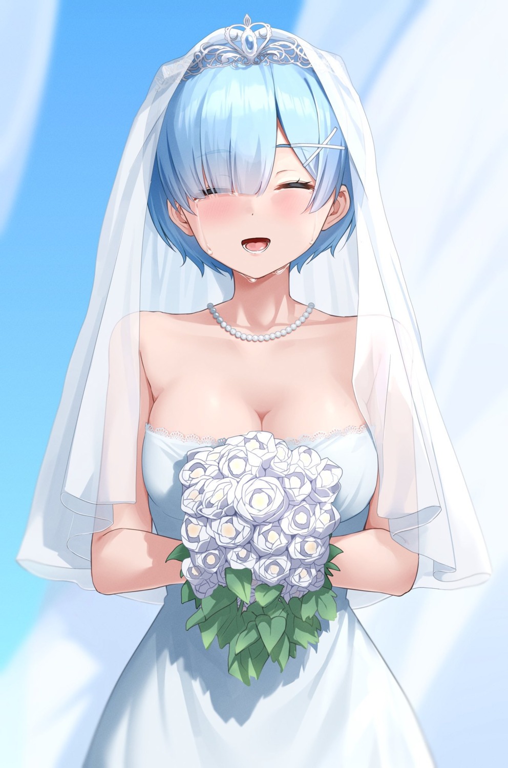 cleavage, dress, kiona, no_bra, re:zero_kara_hajimeru_isekai_seikatsu, rem_(re_zero), wedding_dress
