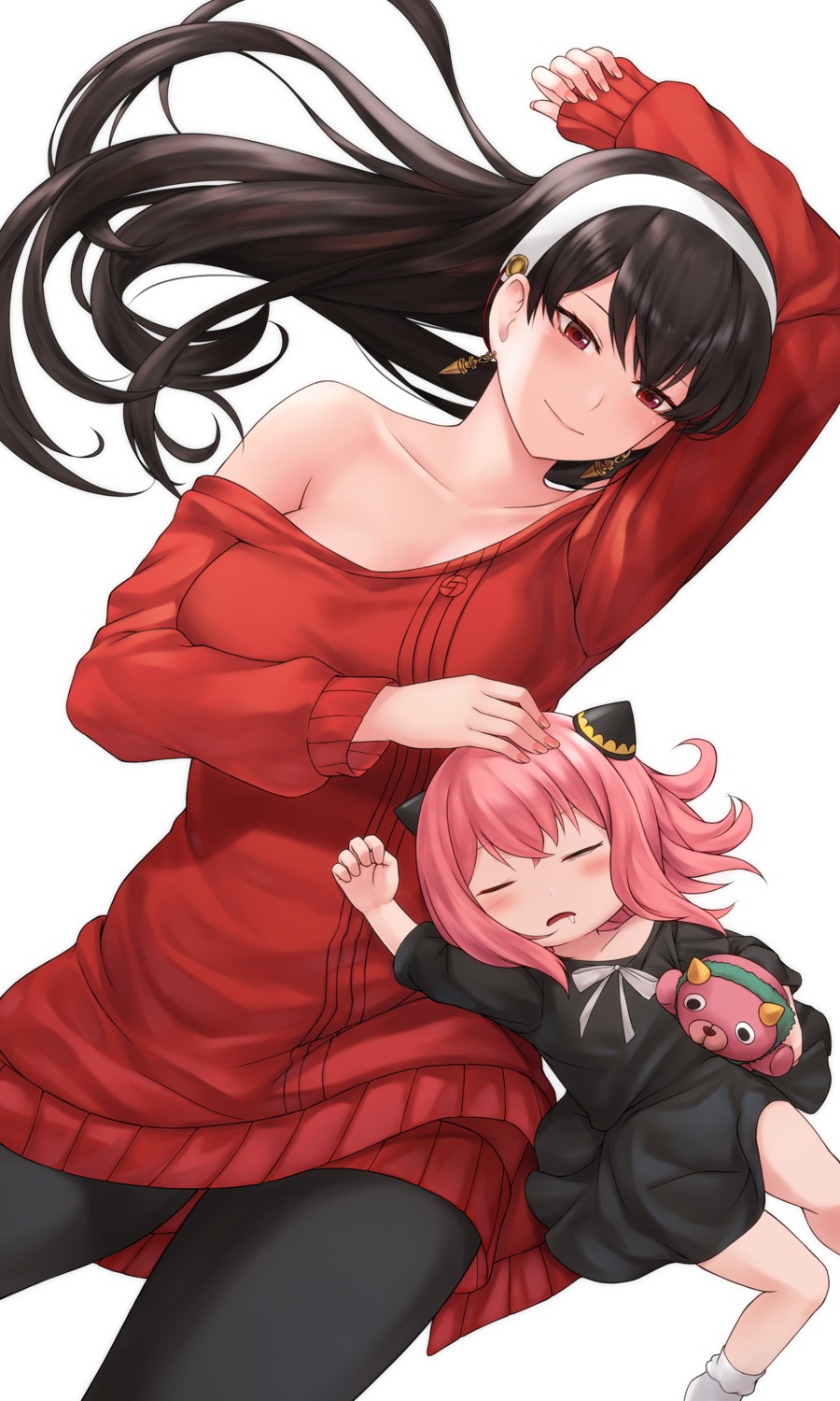 anya_forger, chien_zero, dress, no_bra, open_shirt, pantyhose, spy_x_family, sweater, yor_briar