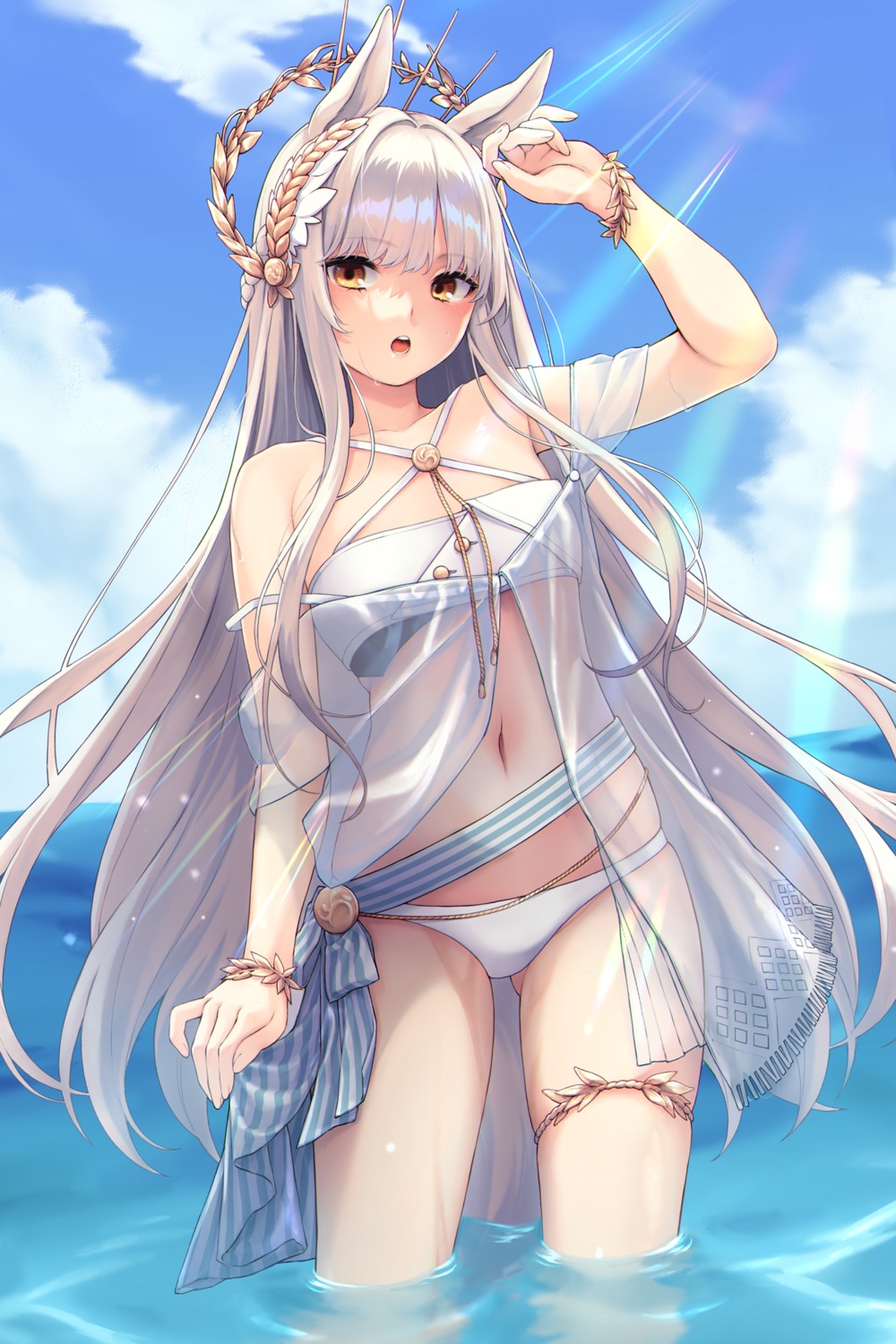 animal_ears, arknights, bikini, garter, nameko_houshi, platinum_(arknights), see_through, swimsuits, wet