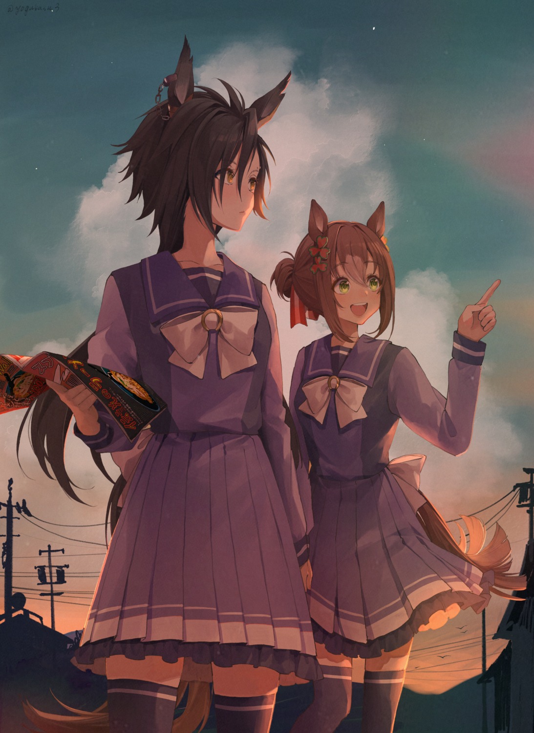 air_shakur_(umamusume), animal_ears, fine_motion_(umamusume), seifuku, skirt_lift, tail, thighhighs, uma_musume_pretty_derby