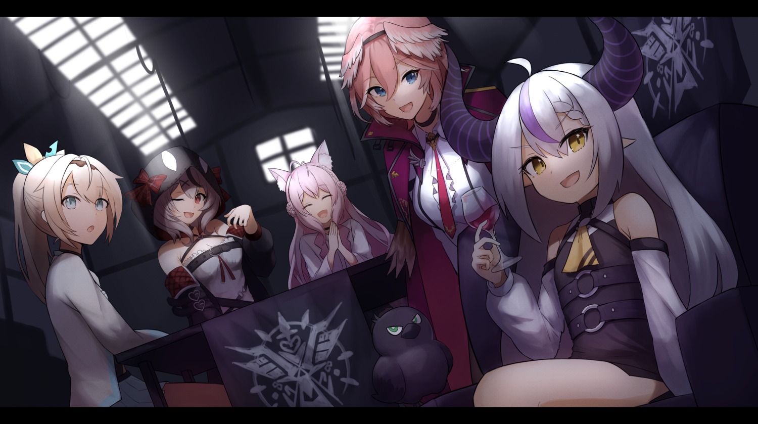 animal_ears, cleavage, crow_(la+_darknesss), dress, hakui_koyori, hololive, horns, kazama_iroha