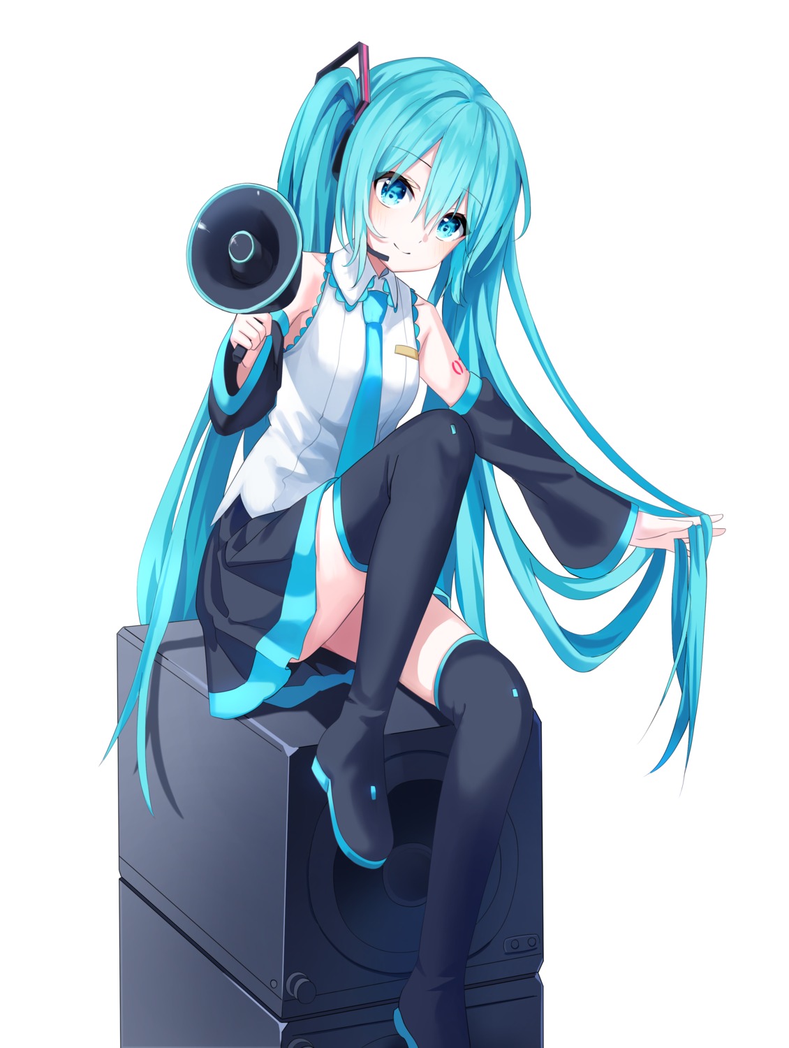 hatsune_miku, headphones, ille, skirt_lift, tattoo, thighhighs, vocaloid