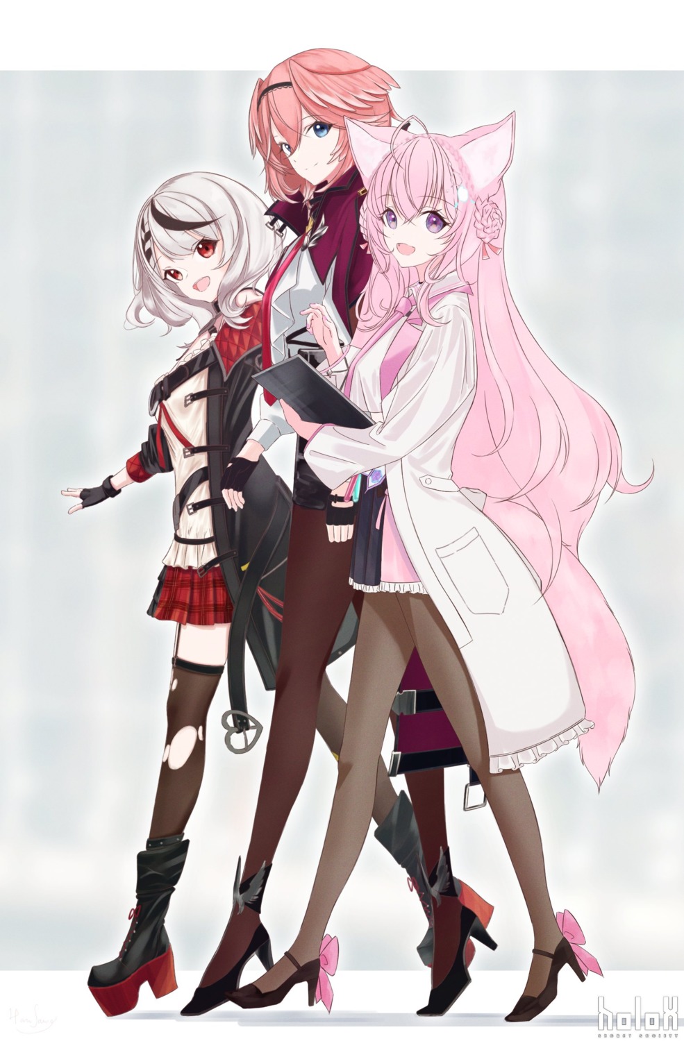 animal_ears, hakui_koyori, harusame_meronn, heels, hololive, pantyhose, sakamata_chloe, stockings, tail, takane_lui, thighhighs, torn_clothes, uniform, wings