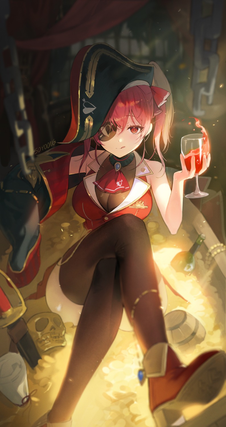 eyepatch, heels, hololive, houshou_marine, pirate, soyoong_jun, thighhighs