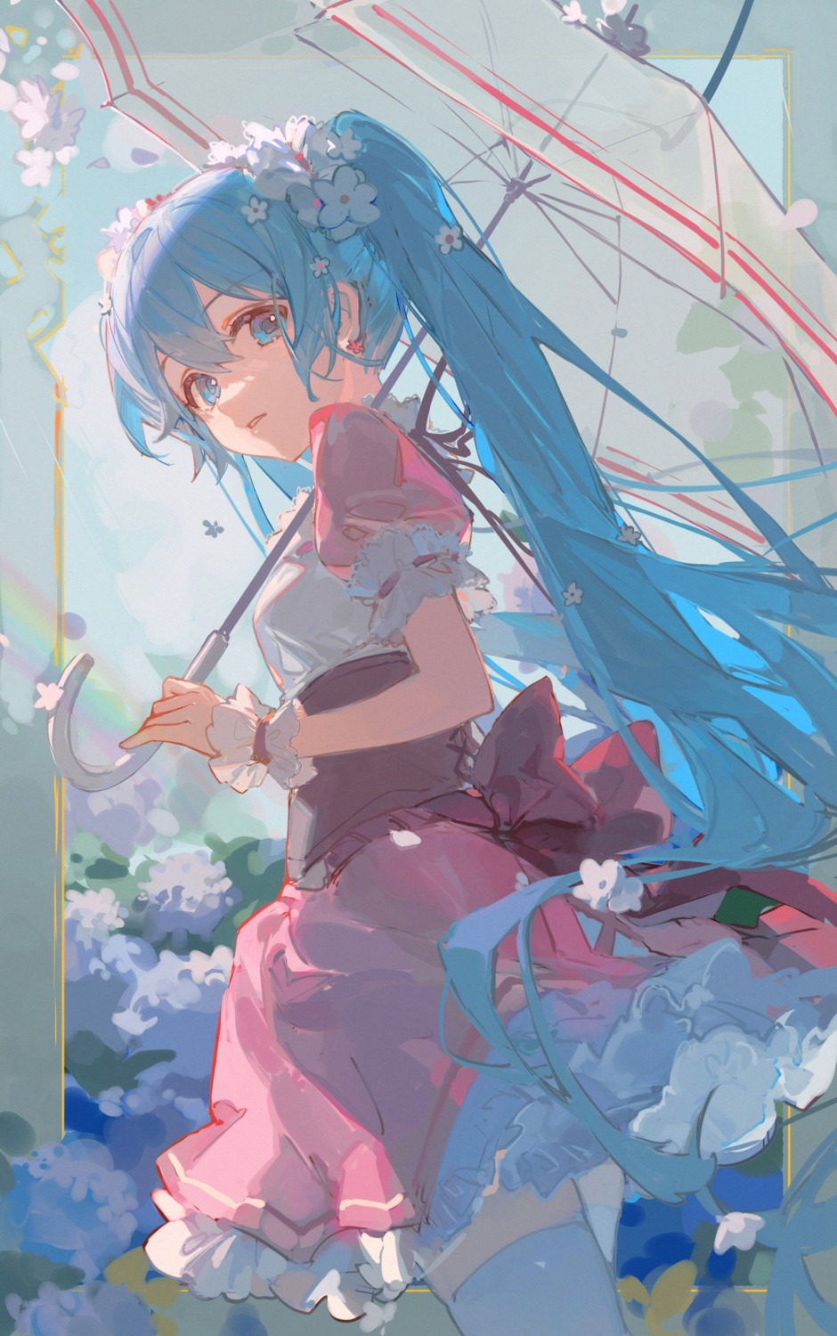 ciloranko, dress, hatsune_miku, thighhighs, umbrella, vocaloid