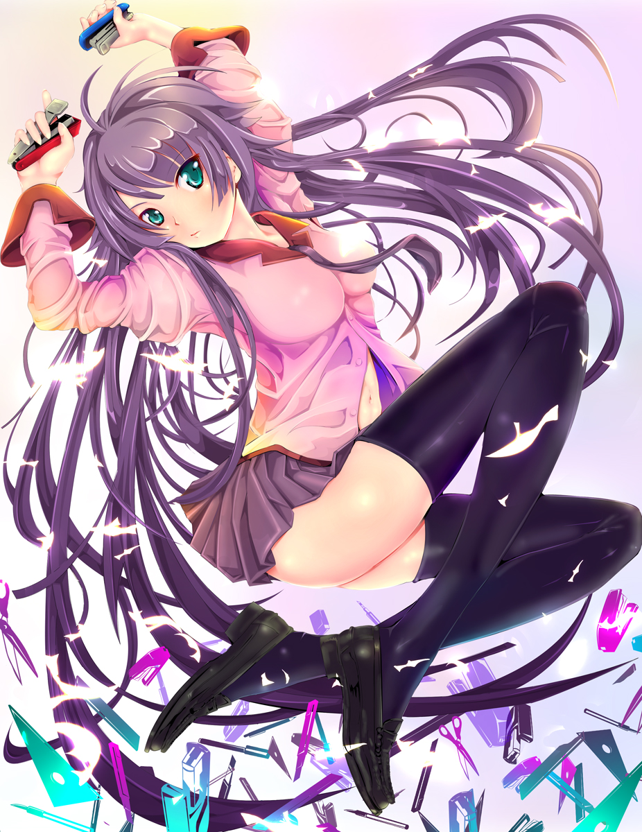 bakemonogatari, monogatari_(series), seifuku, senjougahara_hitagi, teruru, thighhighs