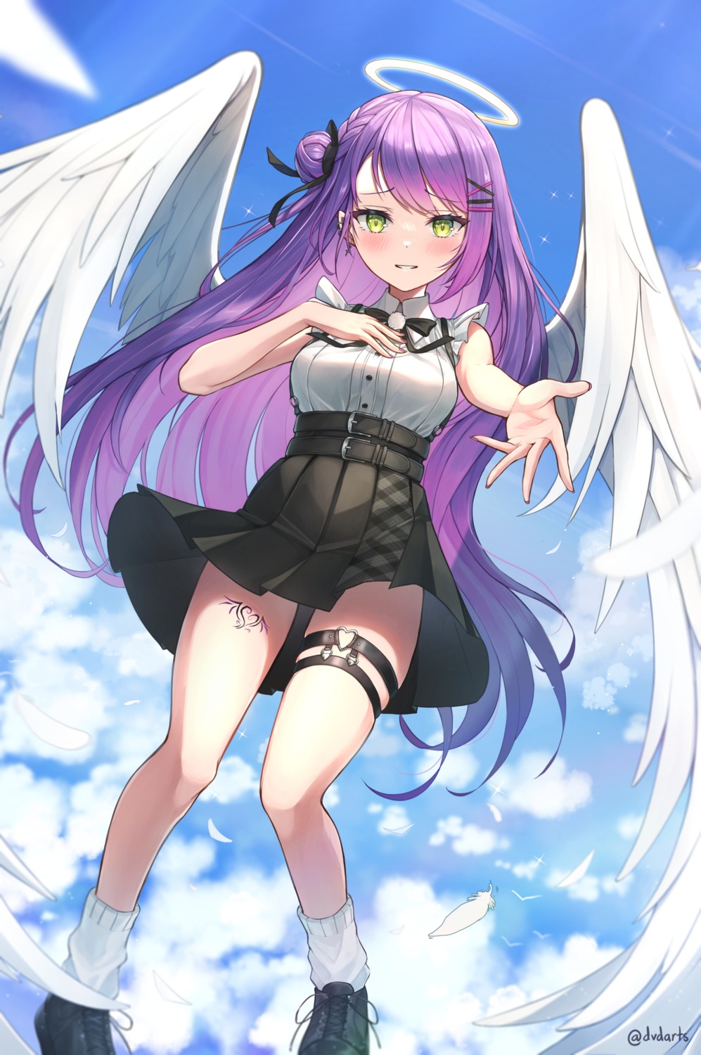 angel, dvdarts, garter, hololive, skirt_lift, tattoo, tokoyami_towa, wings