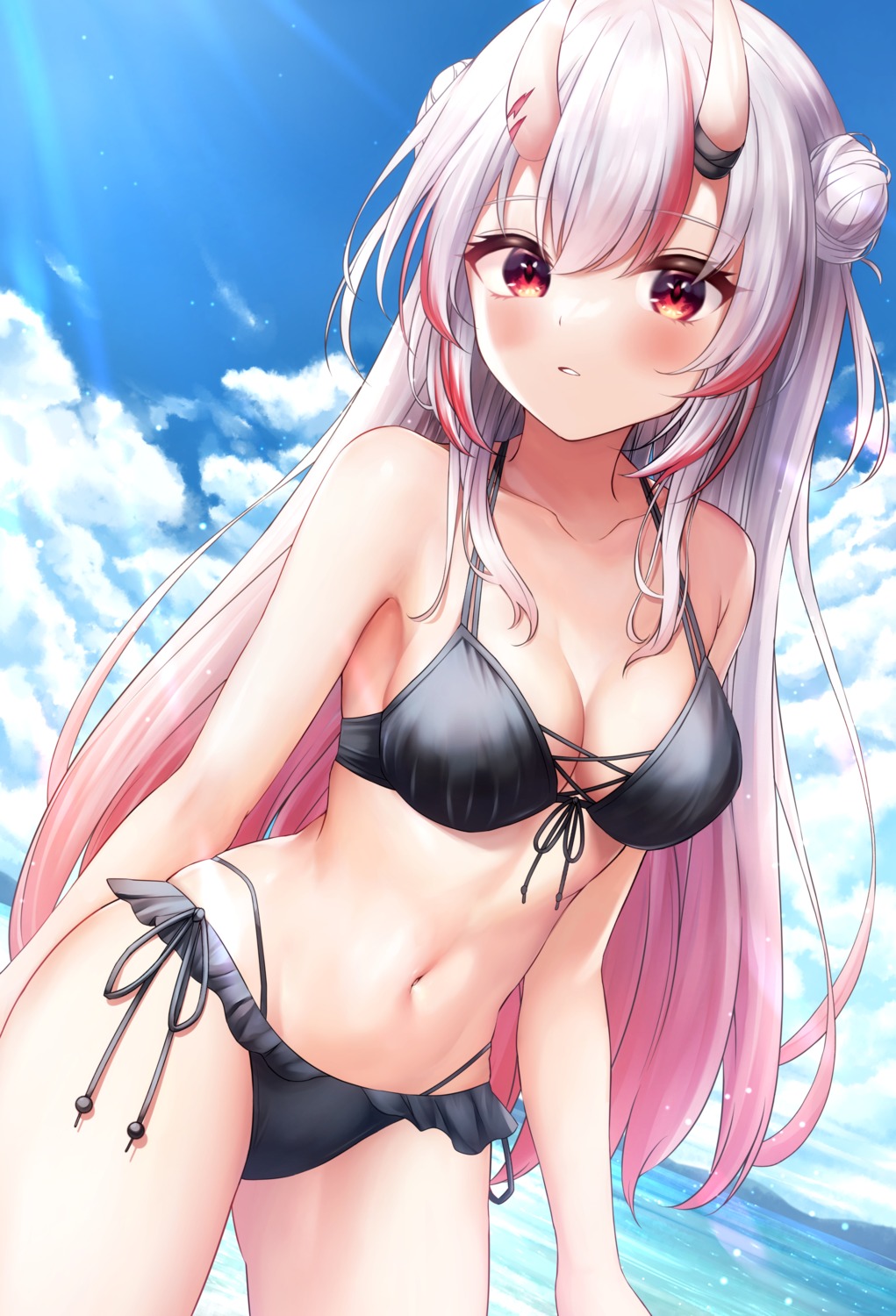 bikini, hololive, horns, karashi_(asarikarasi), nakiri_ayame, swimsuits
