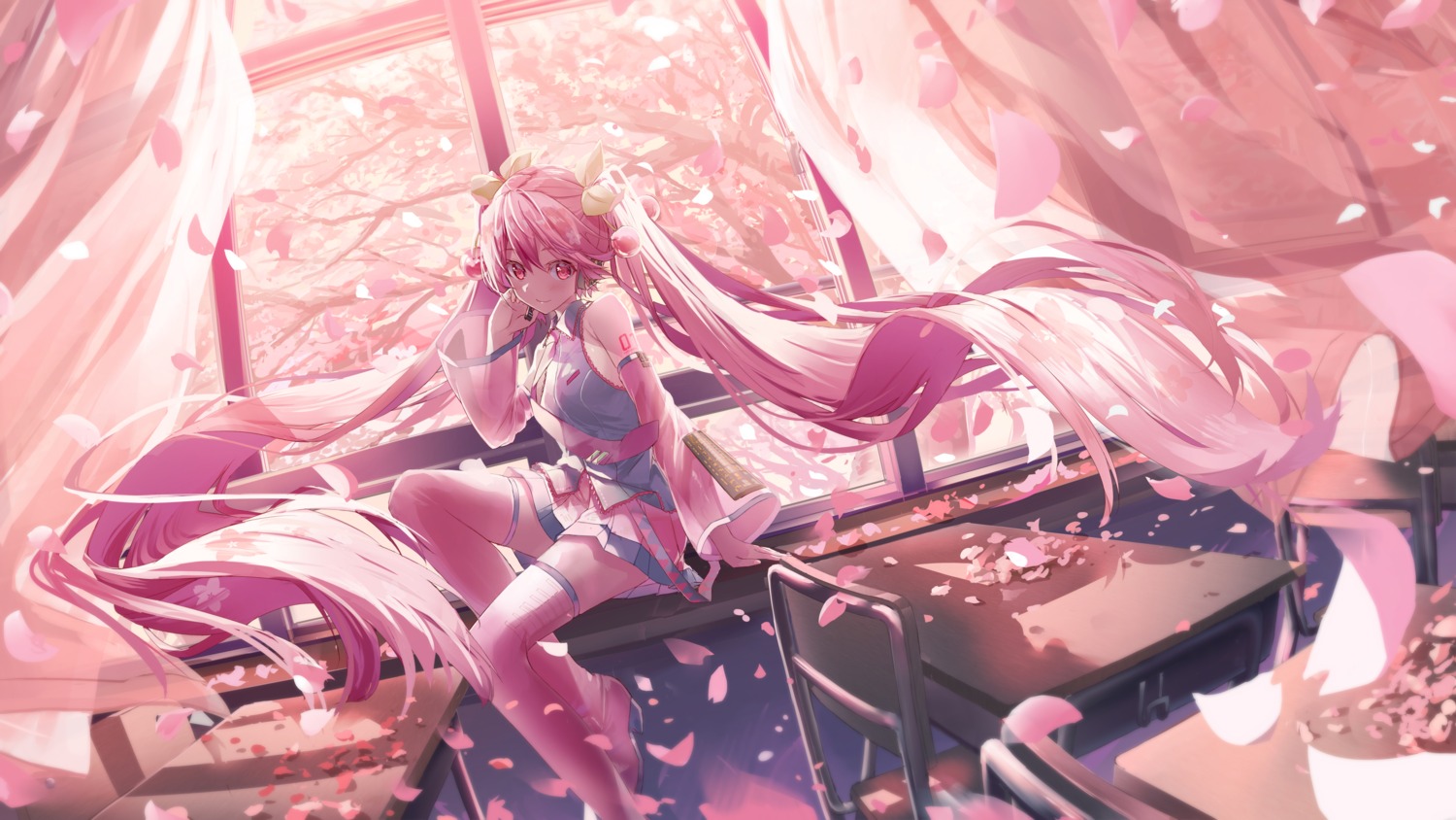daidou_(demitasse), hatsune_miku, headphones, sakura_miku, tattoo, thighhighs, vocaloid, wallpaper