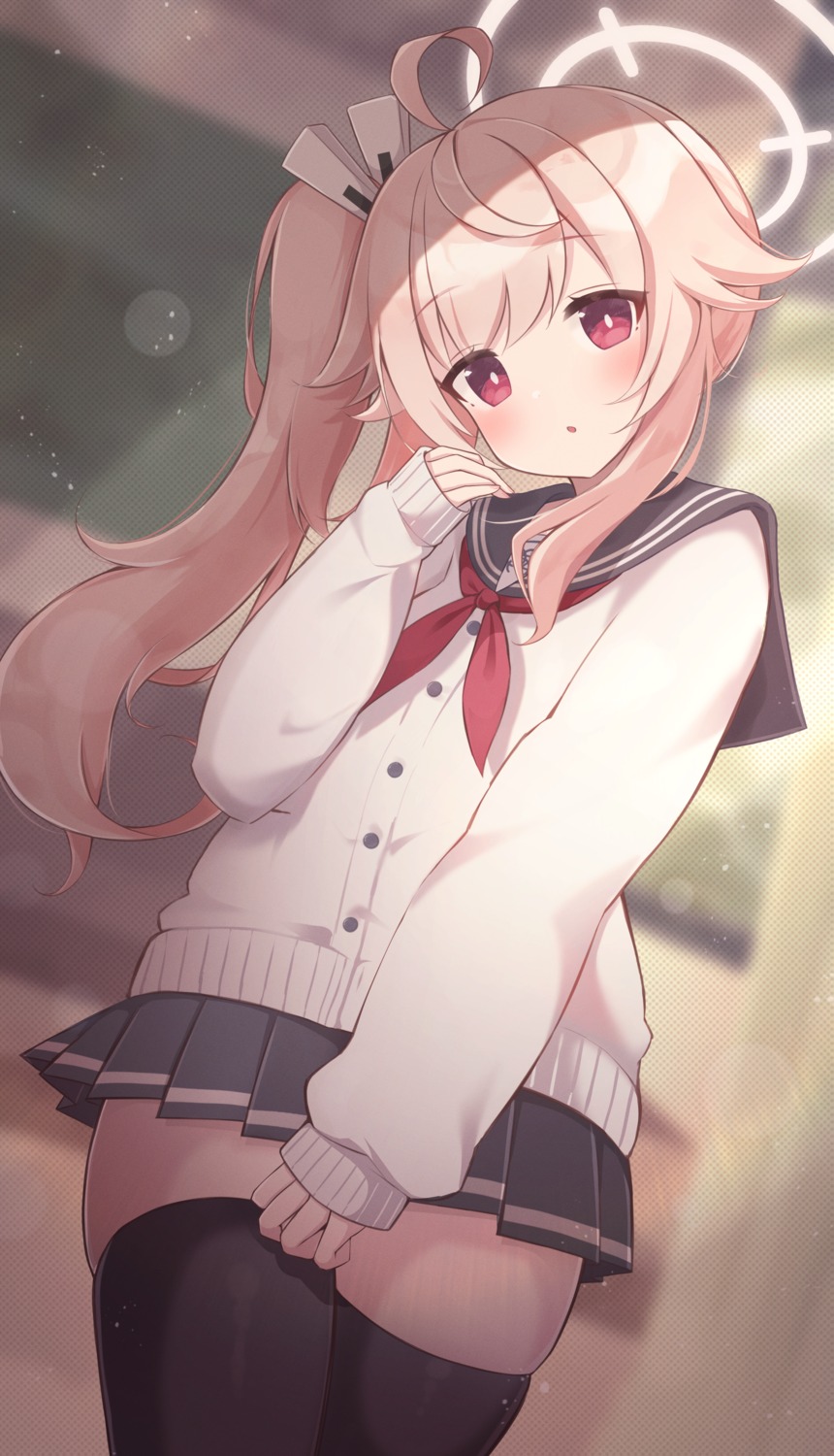 blue_archive, halo, hazuki_lime, seifuku, sweater, thighhighs, yutori_natsu