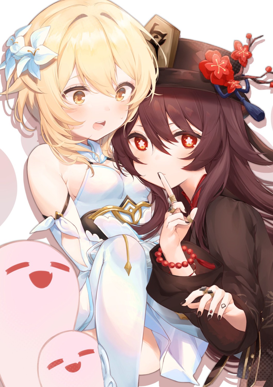 asian_clothes, genshin_impact, hu_tao, lumine, skirt_lift, thighhighs, usanta, yuri