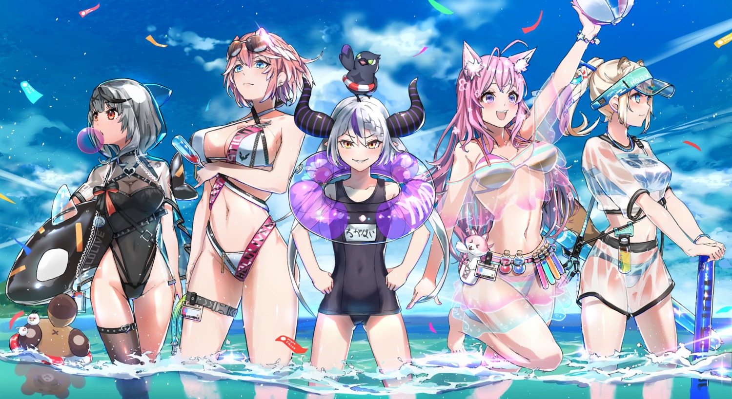 animal_ears, bikini, cleavage, crow_(la+_darknesss), devil, hakui_koyori, hololive, horns