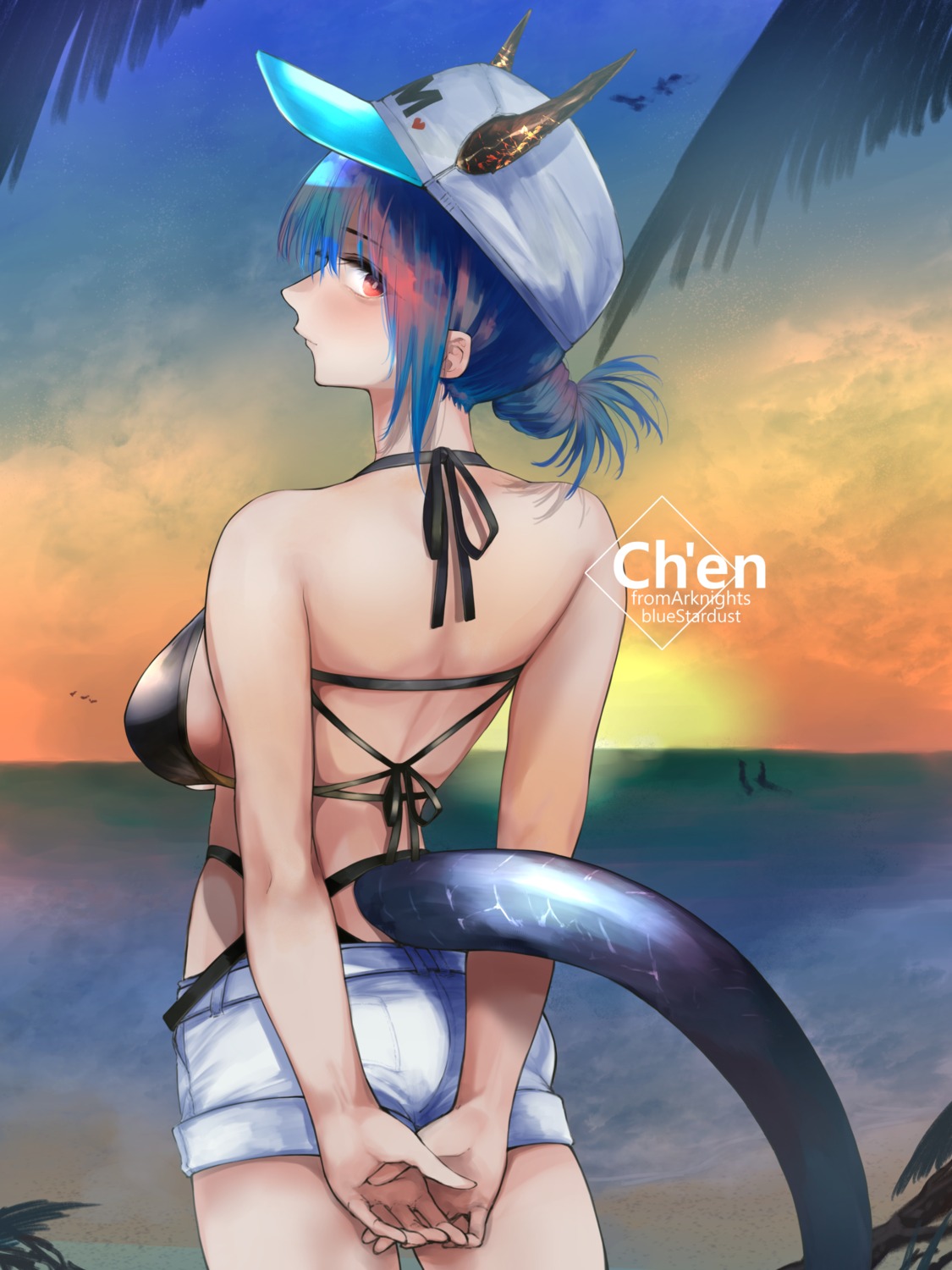 arknights, ass, bikini, ch'en_(arknights), horns, kojima_(blue_stardust), swimsuits, tail