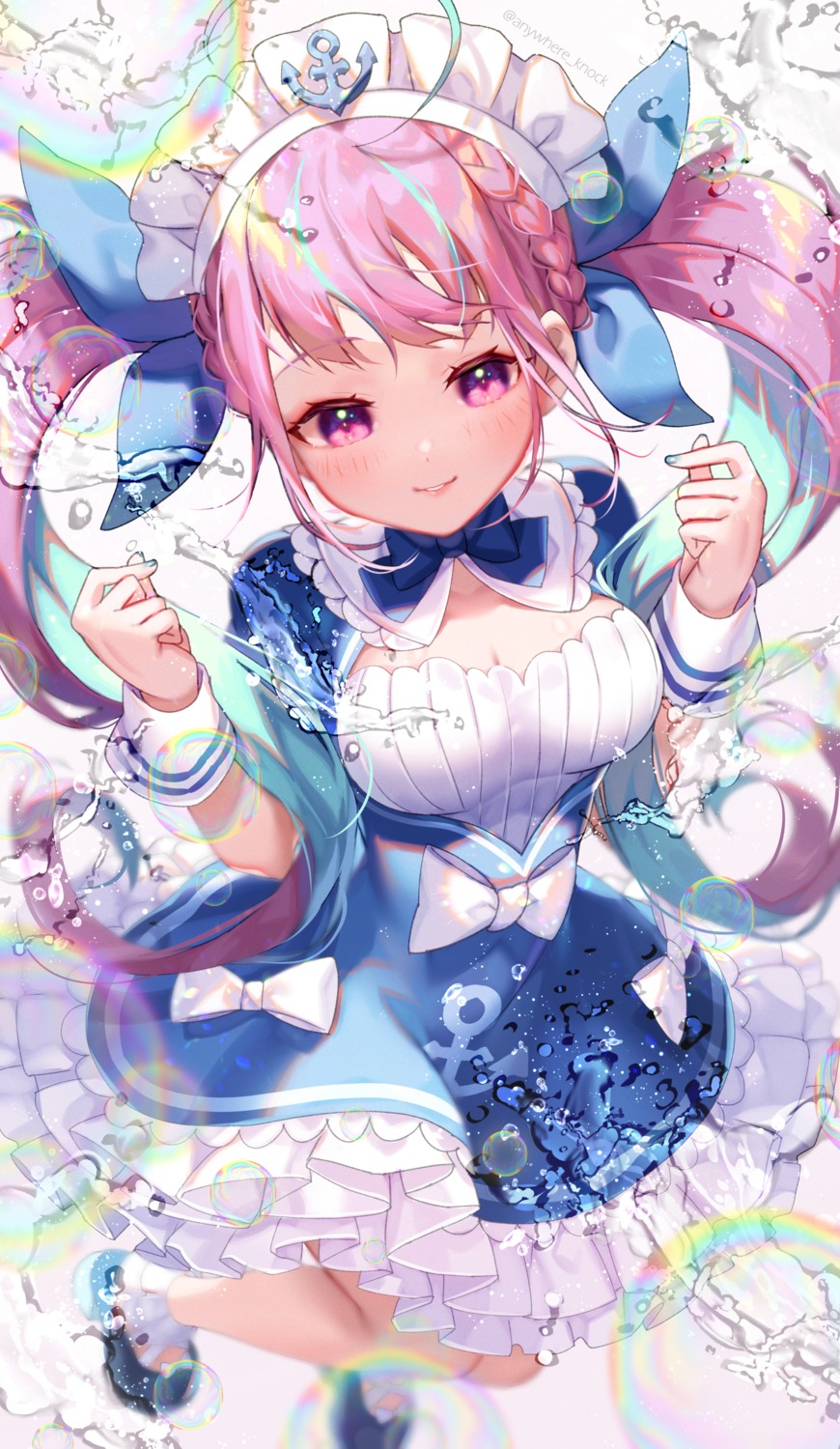 anywhere_knock, artist_revision, cleavage, hololive, maid, minato_aqua, skirt_lift