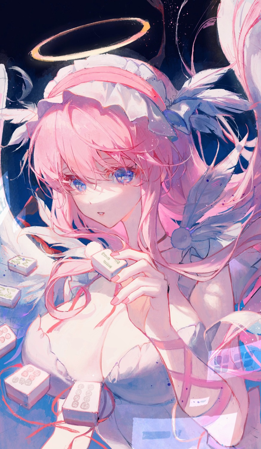 angel, cleavage, dress, haramura_nodoka, matcha, saki, wings