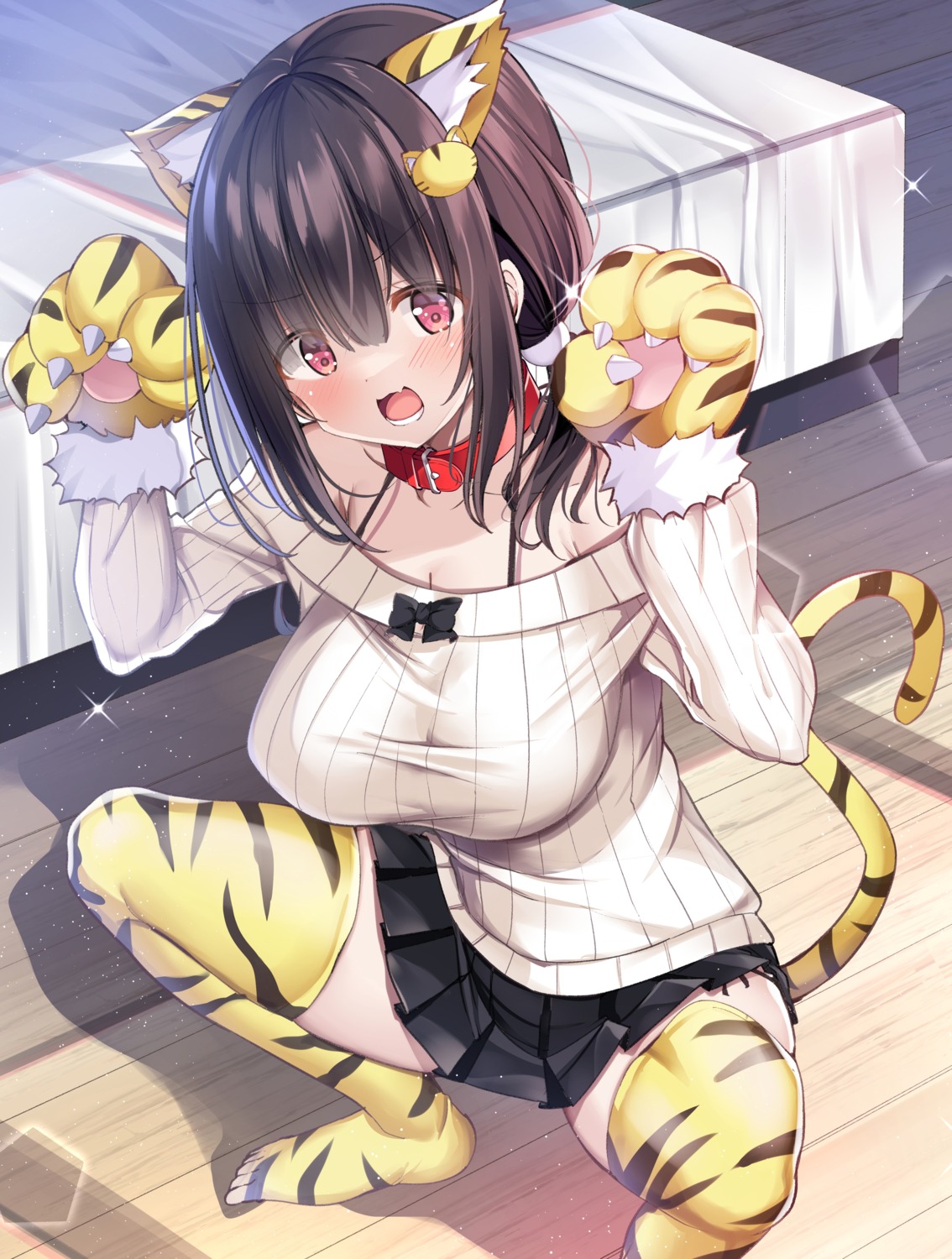 animal_ears, bikini, cleavage, kurou_(quadruple_zero), open_shirt, skirt_lift, sweater, swimsuits, tail, thighhighs