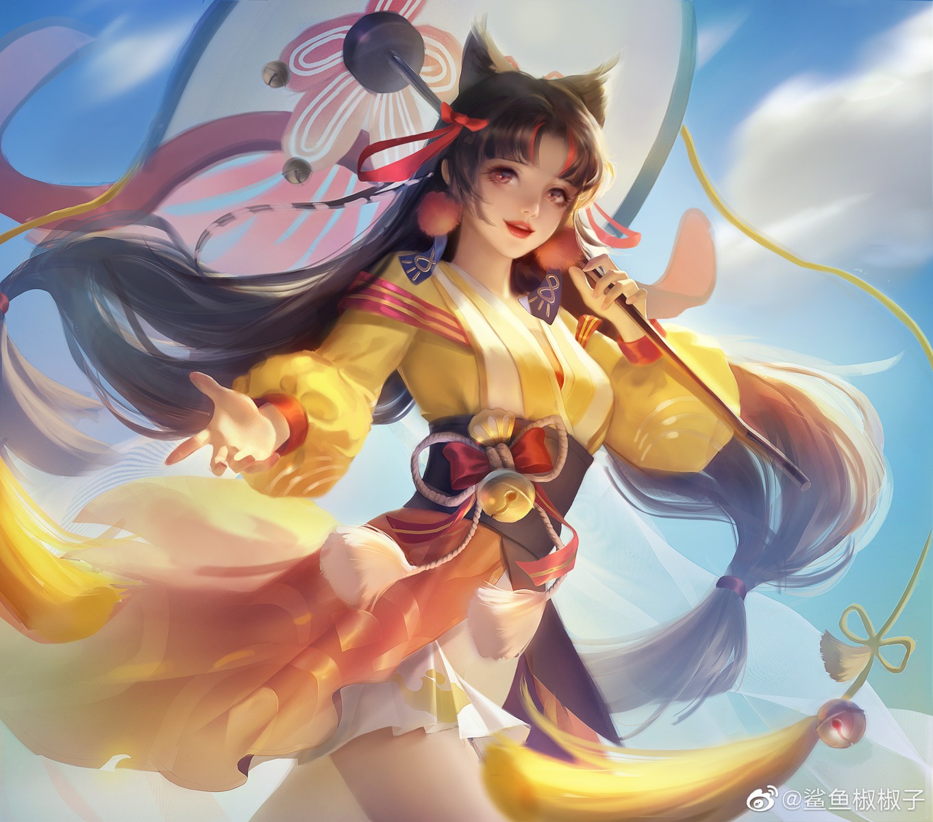 animal_ears, japanese_clothes, onmyouji, sha_yu_jiao_jiao_zi, umbrella, watermark