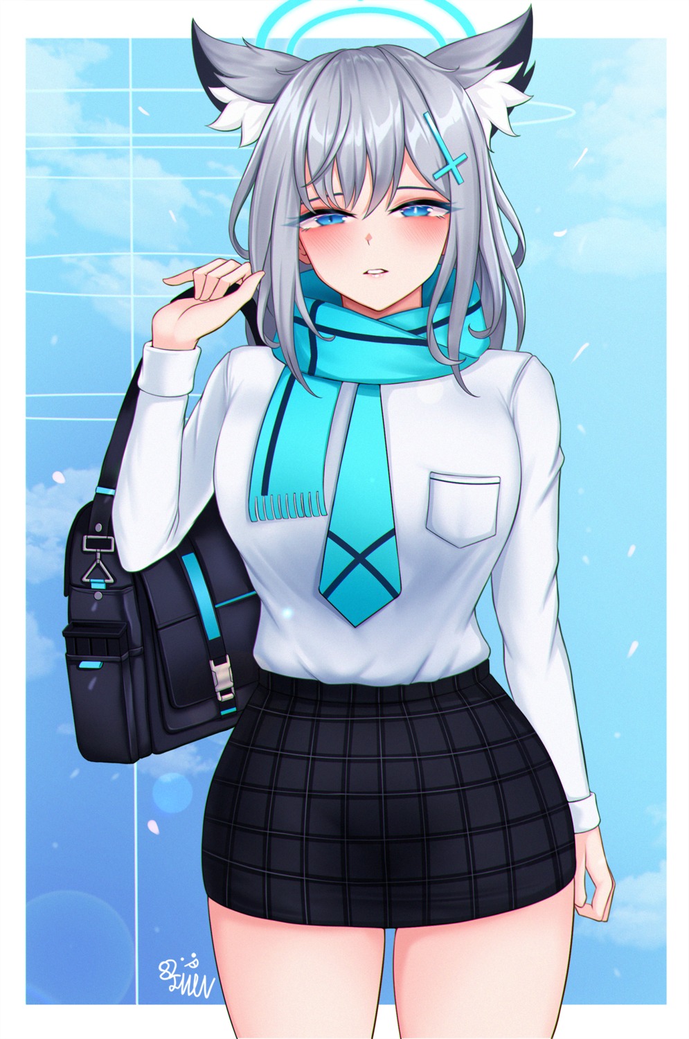 82jhin, animal_ears, blue_archive, halo, nekomimi, seifuku, sunaookami_shiroko