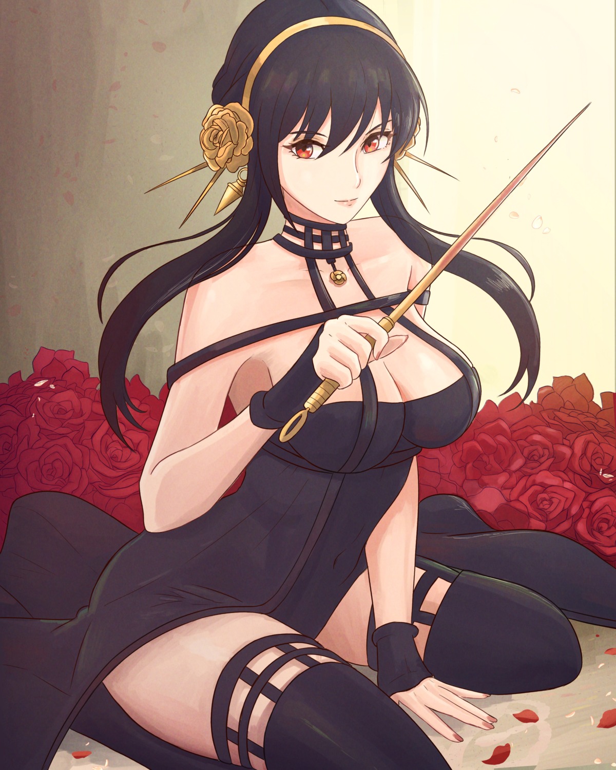 cleavage, dress, no_bra, spy_x_family, thighhighs, truejekart, weapon, yor_briar