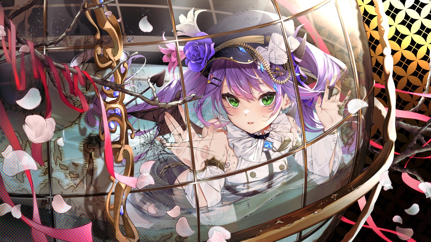 hololive, horns, izumi_kei, lolita_fashion, tail, tokoyami_towa, wet, wings