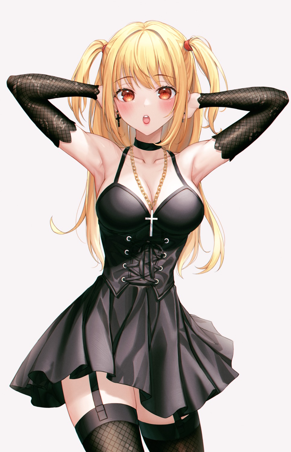 amane_misa, cleavage, death_note, dress, eichi_(skskdi12z), fishnets, stockings, thighhighs