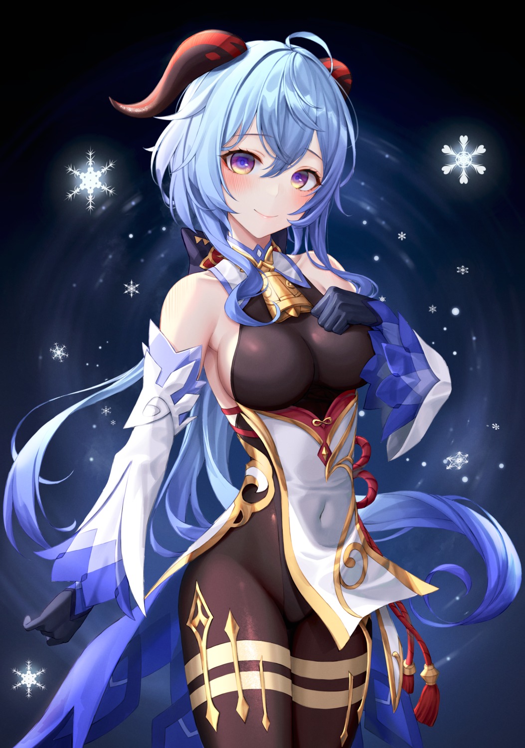 asian_clothes, eichi_(skskdi12z), ganyu, genshin_impact, horns, leotard, no_bra, pantyhose