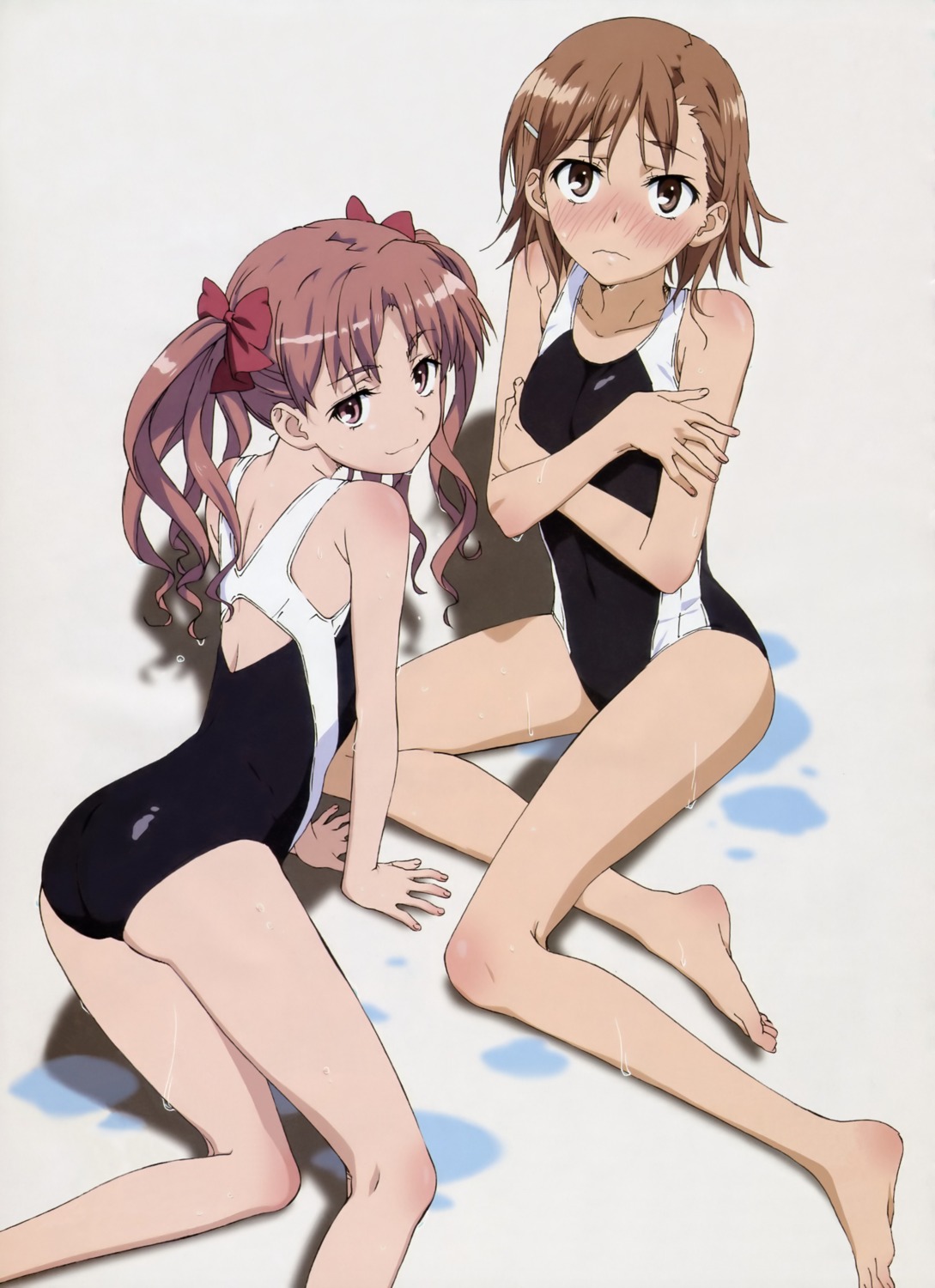 breast_hold, detexted, jpeg_artifacts, misaka_mikoto, shirai_kuroko, swimsuits, toaru_kagaku_no_railgun, toaru_majutsu_no_index, wet, yamashita_yuu