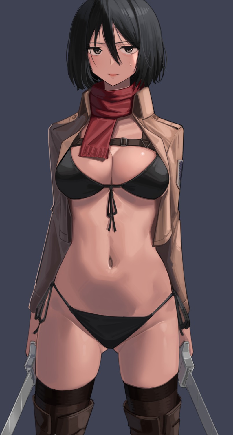 bikini, harris_hero, mikasa_ackerman, open_shirt, shingeki_no_kyojin, swimsuits, sword, thighhighs, uniform