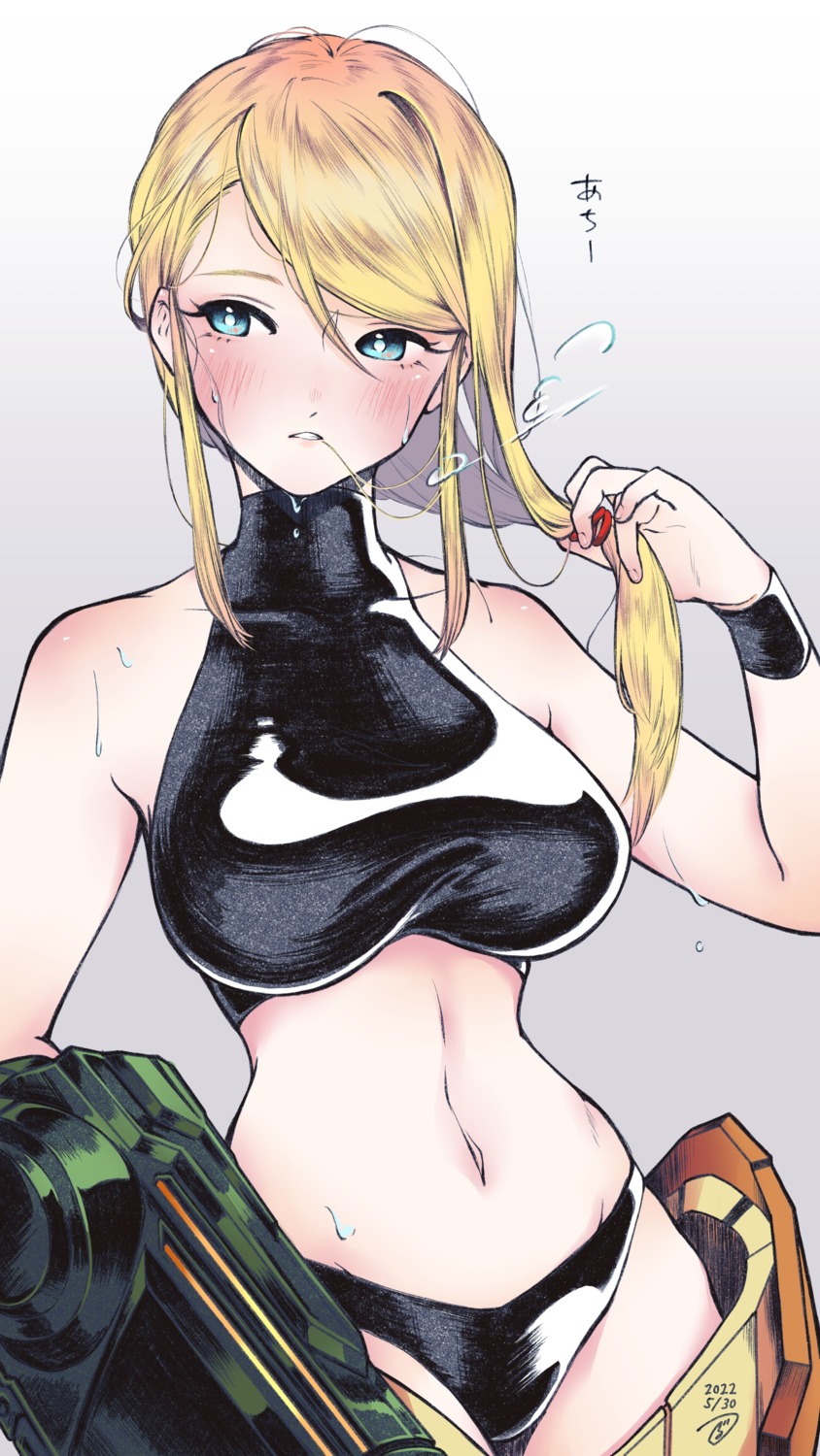 metroid, motoji_(hamayarawa), pantsu, samus_aran, undressing, weapon