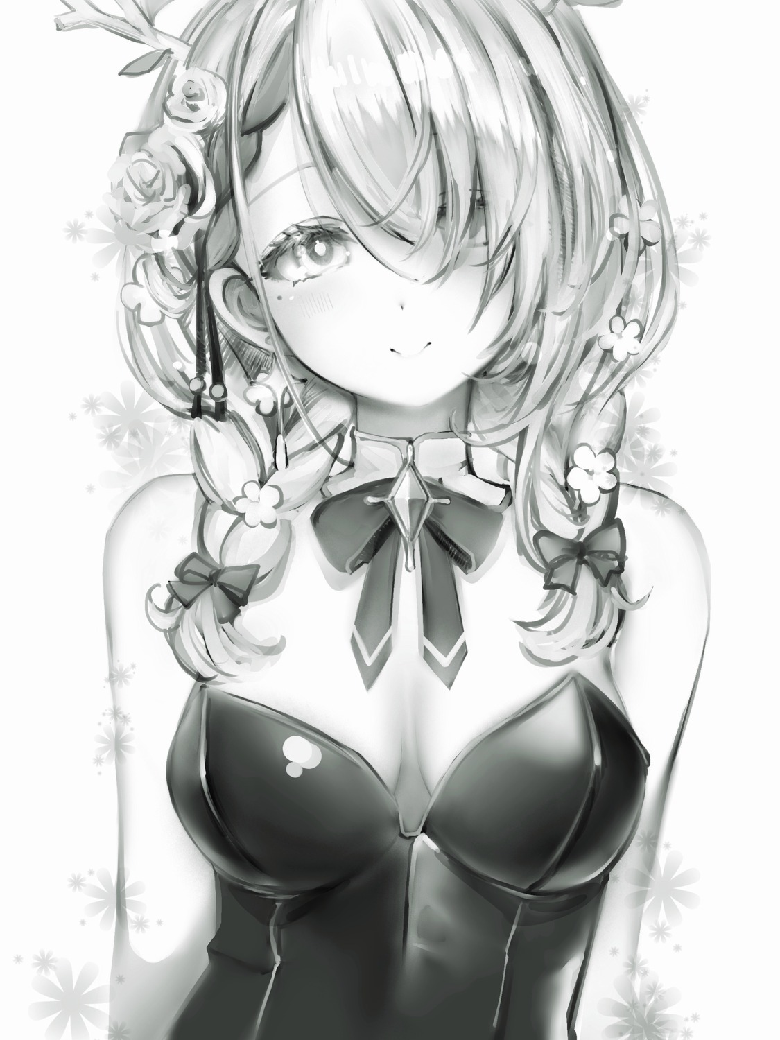 ceres_fauna, hololive, hololive_english, horns, monochrome, nanashi_(nlo), no_bra, sketch