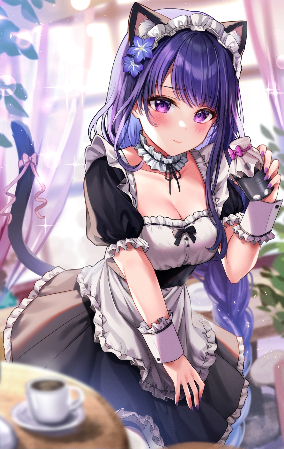 animal_ears, cleavage, enyanyann, genshin_impact, maid, nekomimi, raiden_shogun, tail