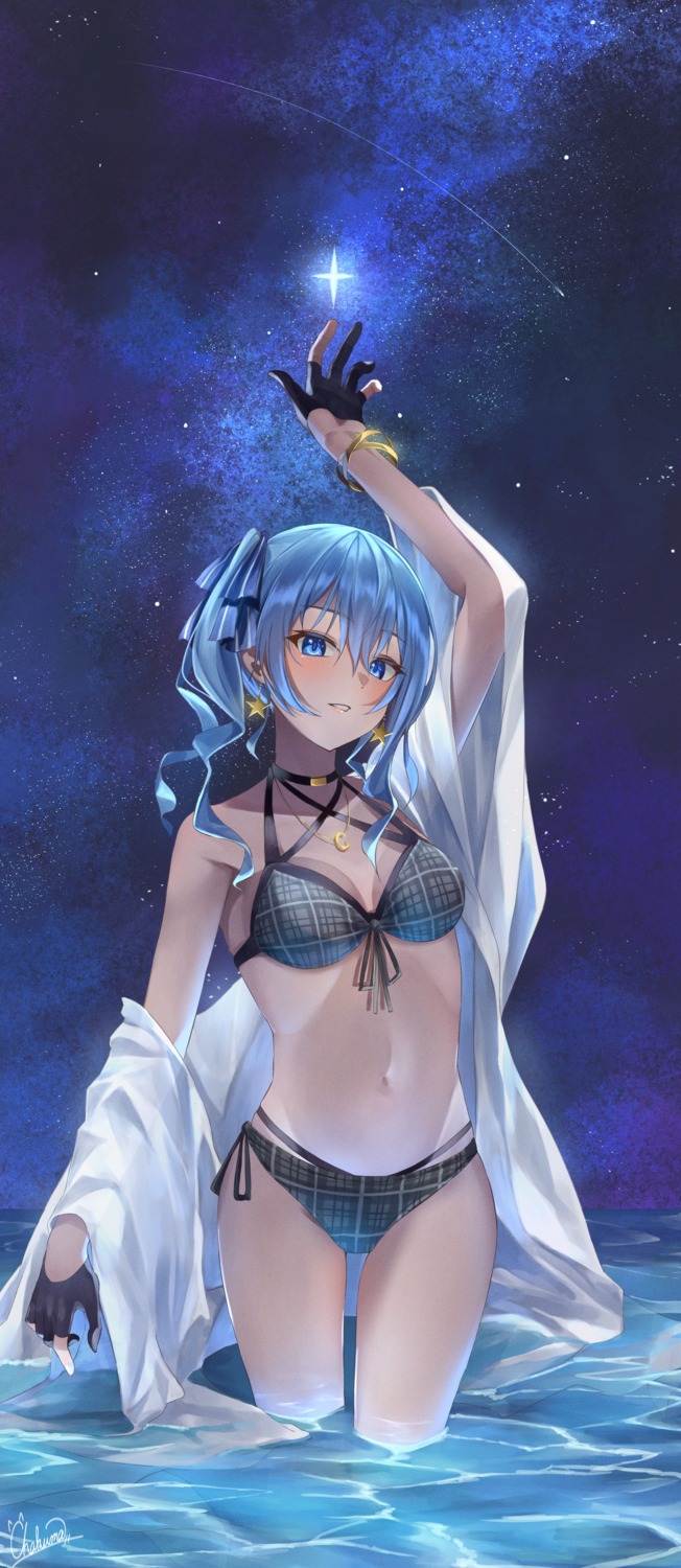 bikini, chakuma, cleavage, hololive, hoshimachi_suisei, open_shirt, swimsuits, wet