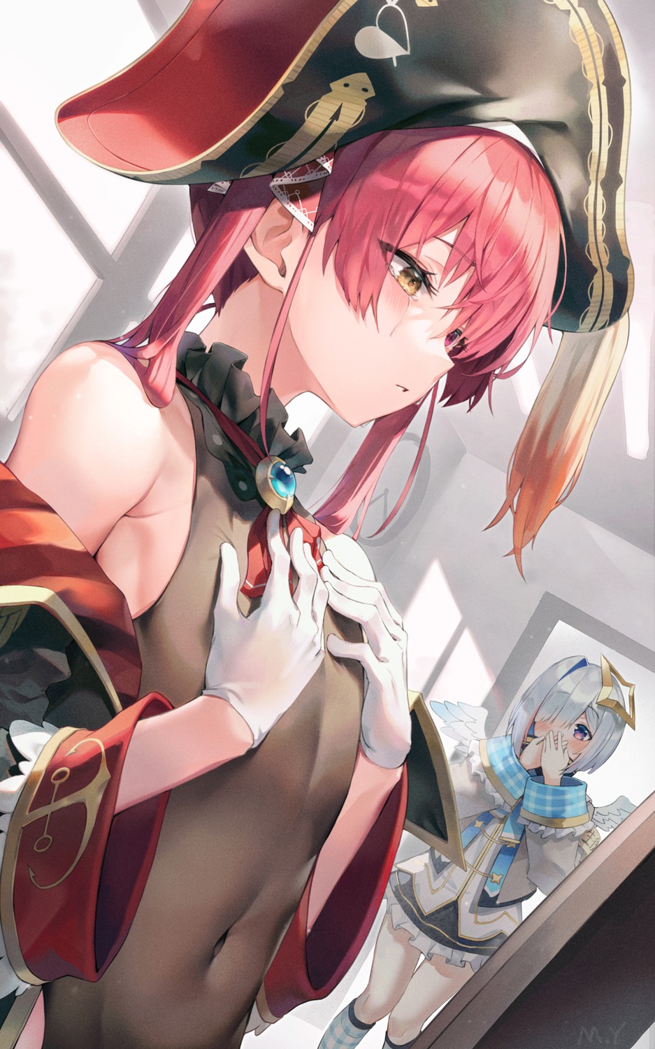 amane_kanata, angel, breast_hold, heterochromia, hololive, houshou_marine, leotard, myung_yi