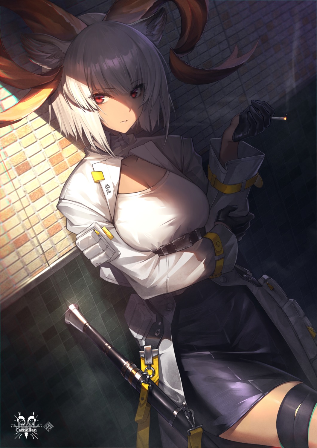 animal_ears, arknights, carnelian_(arknights), garter, horns, nonaginta_novem, smoking