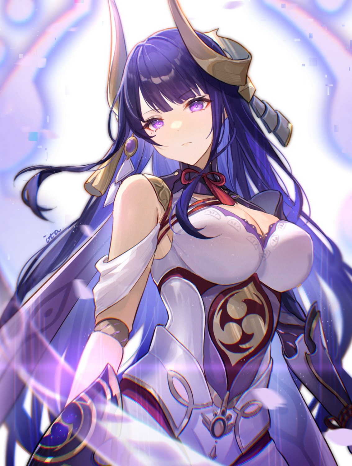 armor, cleavage, genshin_impact, horns, itsia, japanese_clothes, raiden_shogun