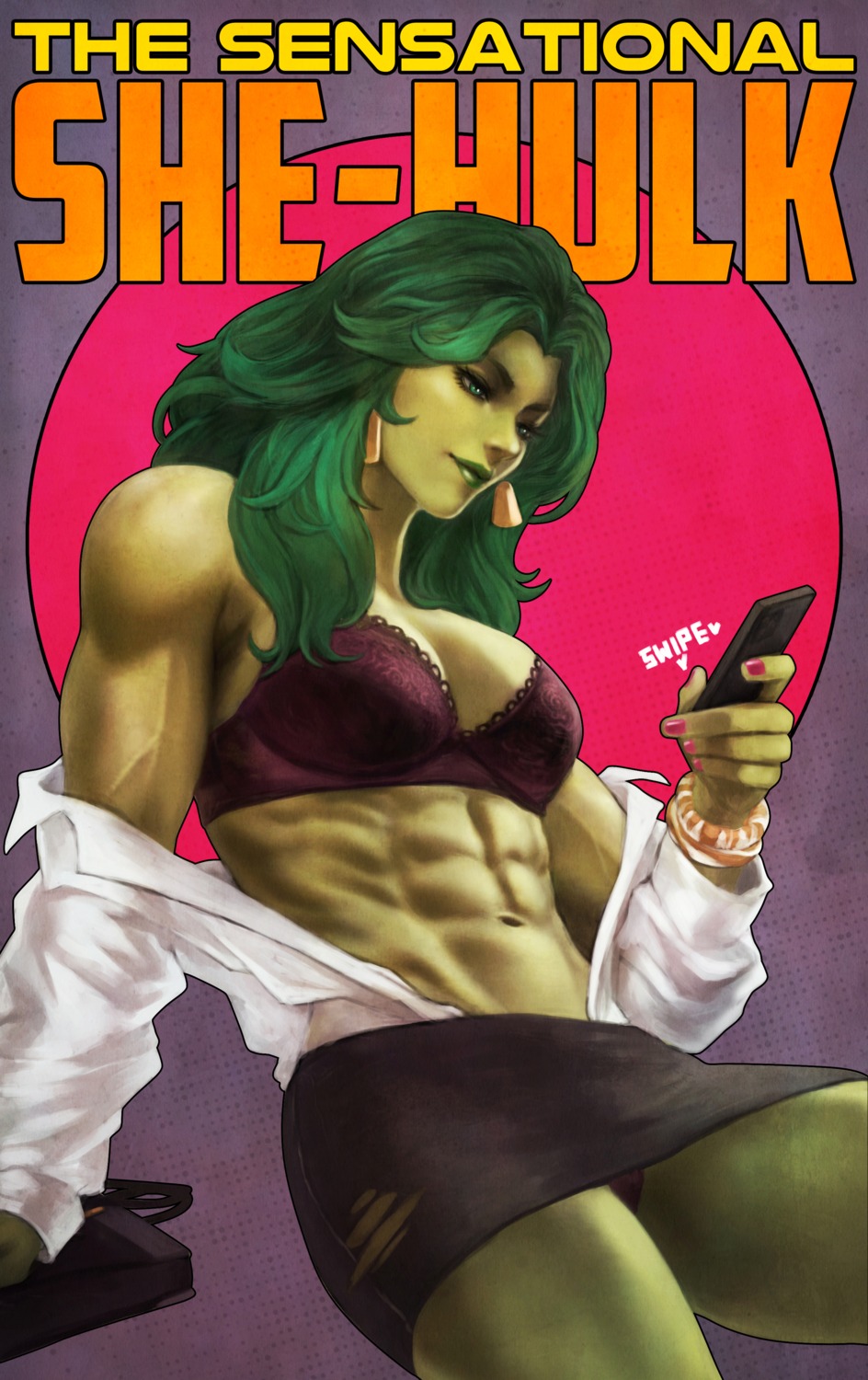 bra, cleavage, dress_shirt, marvel, monori_rogue, open_shirt, pantsu, she-hulk