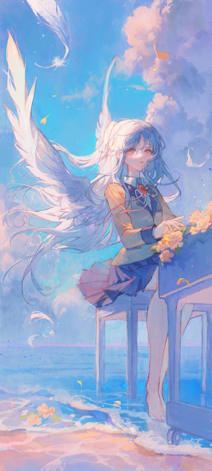 angel_beats!, matcha, seifuku, skirt_lift, tachibana_kanade, wings
