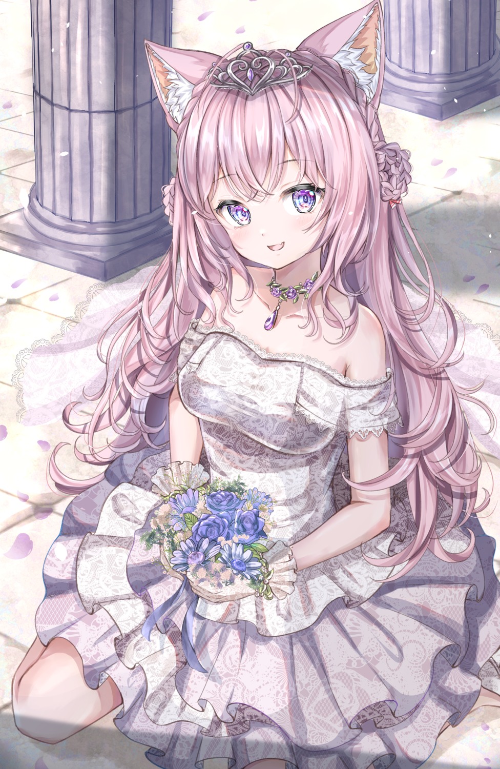 animal_ears, cleavage, dress, hakui_koyori, hololive, kiwi_ukiuki, wedding_dress