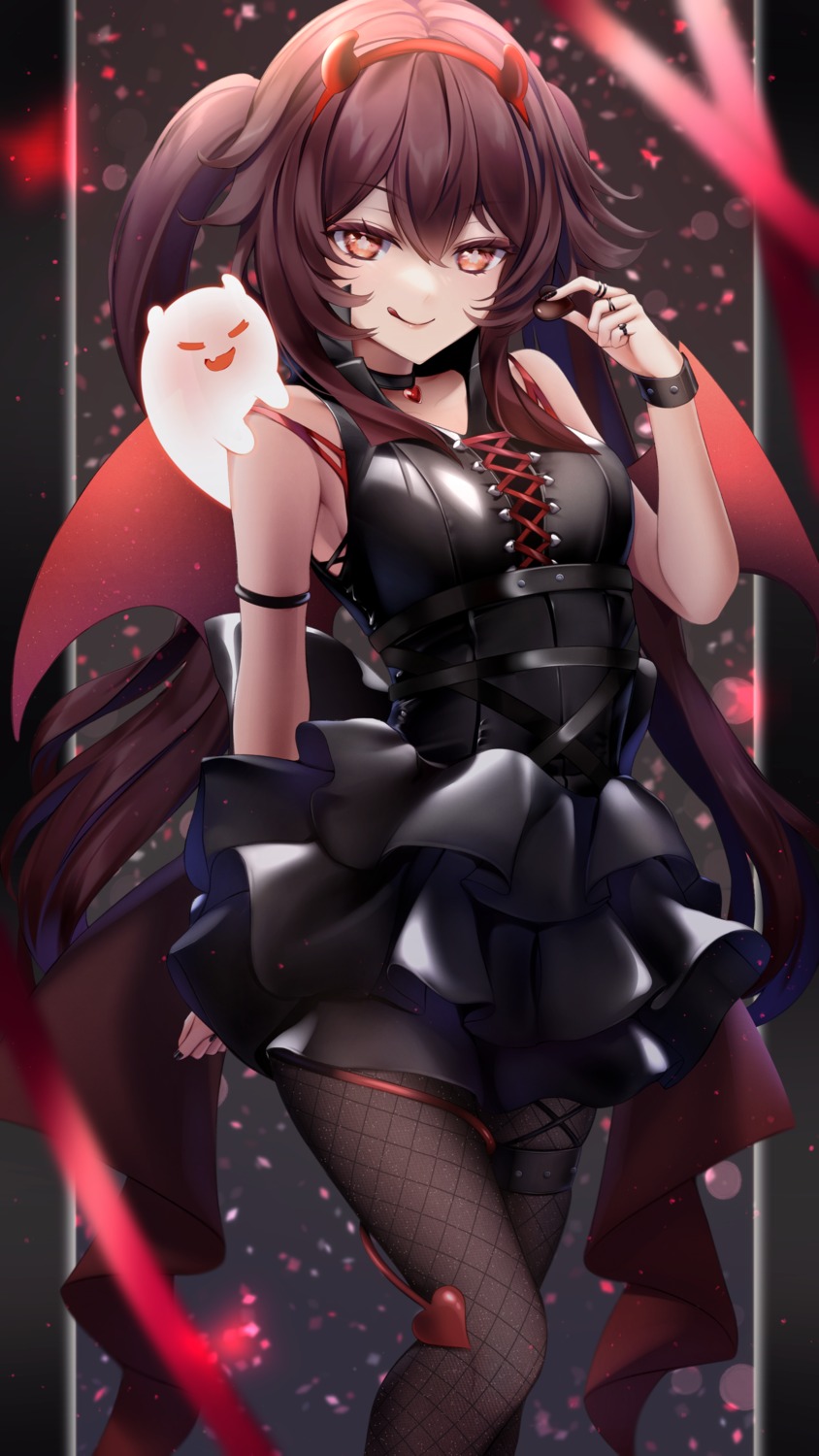 asahi_(vjss4548), devil, dress, fishnets, garter, genshin_impact, horns, hu_tao