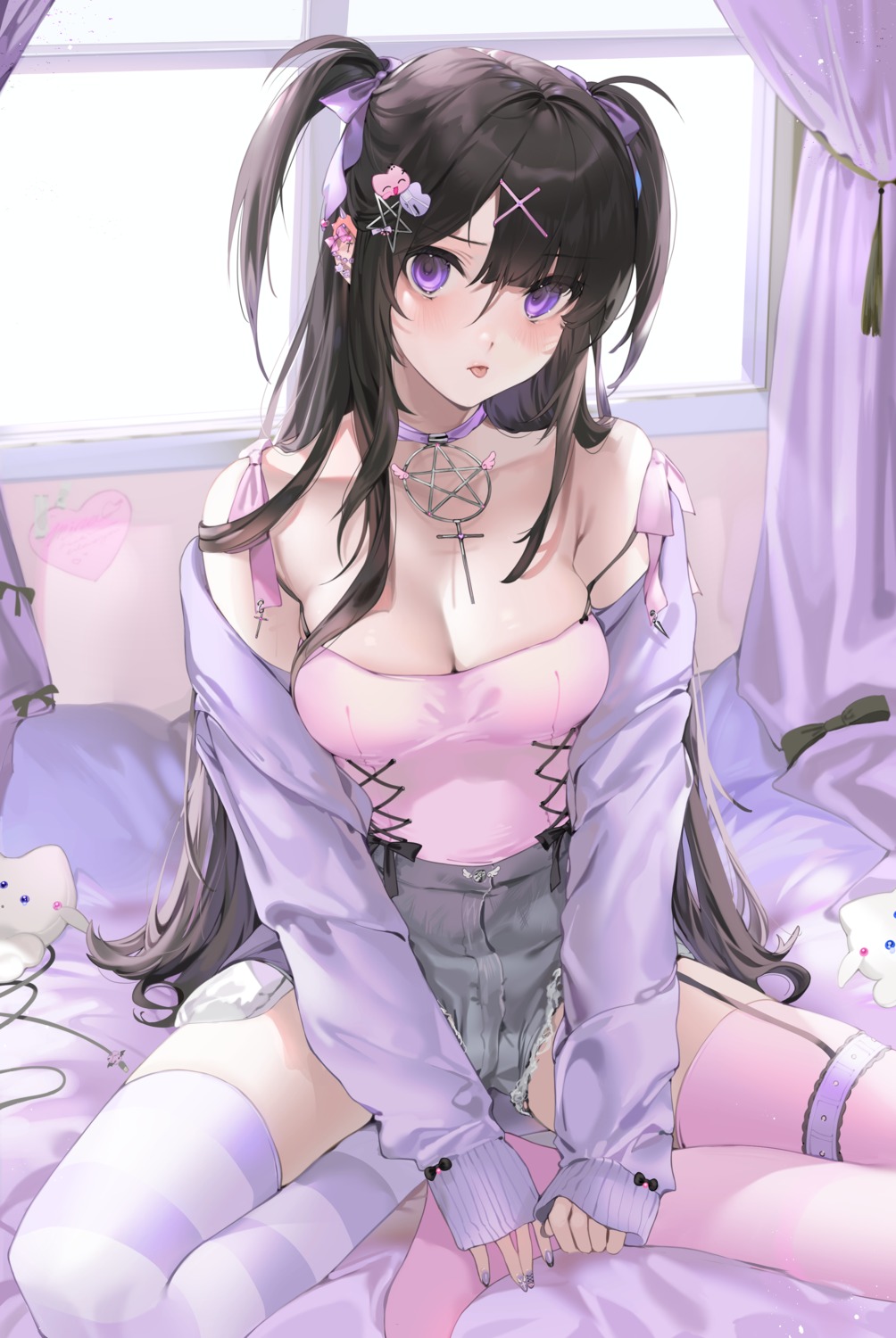 artist_revision, cleavage, garter, no_bra, stockings, sweater, thighhighs, torn_clothes, unxi, violeta_(unxi)