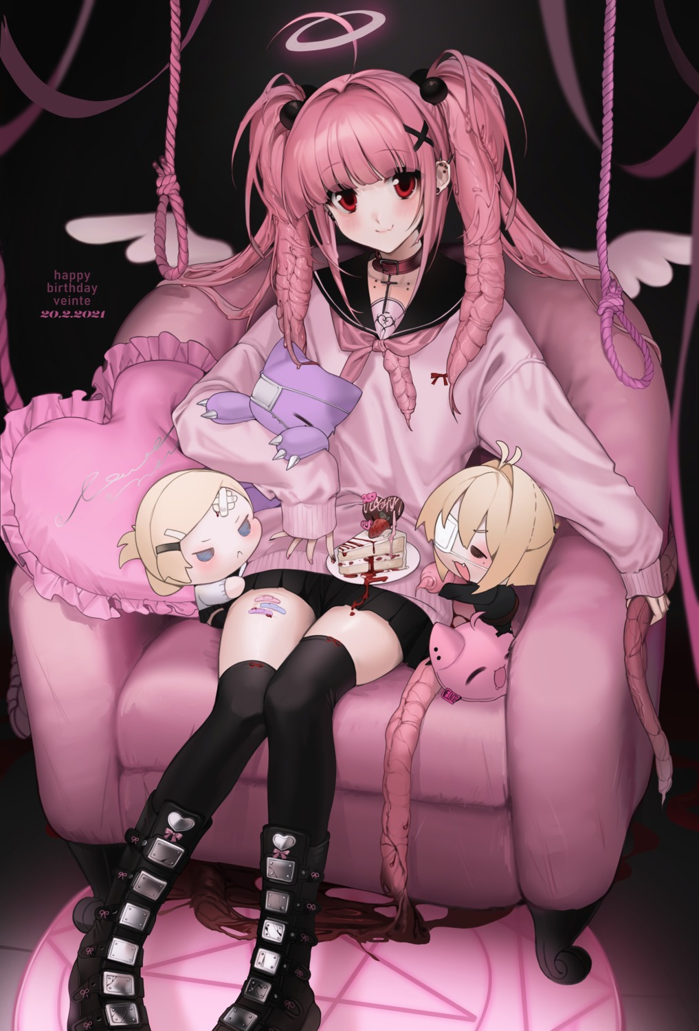 angel, bandaid, chibi, cream, eyepatch, seifuku, sweater, tattoo