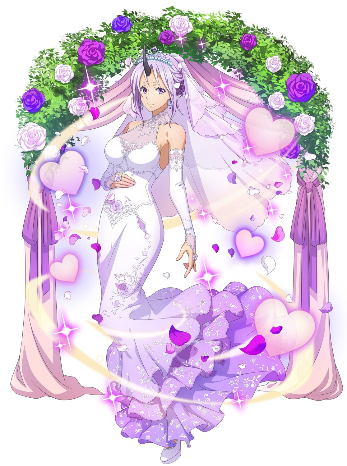 cleavage, dress, heels, horns, no_bra, see_through, shion_(tensura), tagme, tensei_shitara_slime_datta_ken, wedding_dress