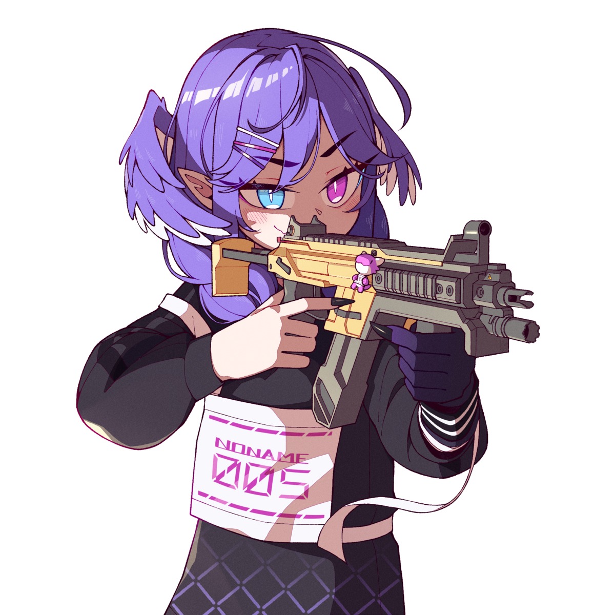 chibi, gun, heterochromia, nijisanji, nijisanji_en, pointy_ears, selen_tatsuki, unexistarts