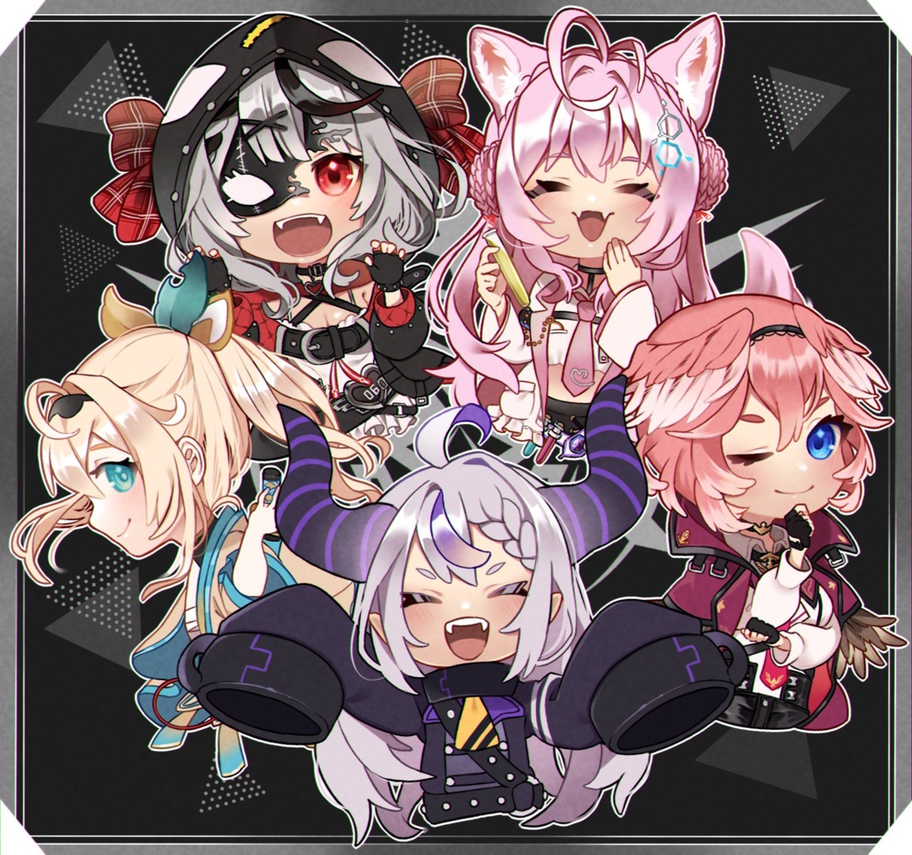 animal_ears, chibi, devil, hakui_koyori, hana_kuro3, hololive, horns, japanese_clothes, kazama_iroha, la+_darknesss, pointy_ears, sakamata_chloe, tail, takane_lui, uniform, wings