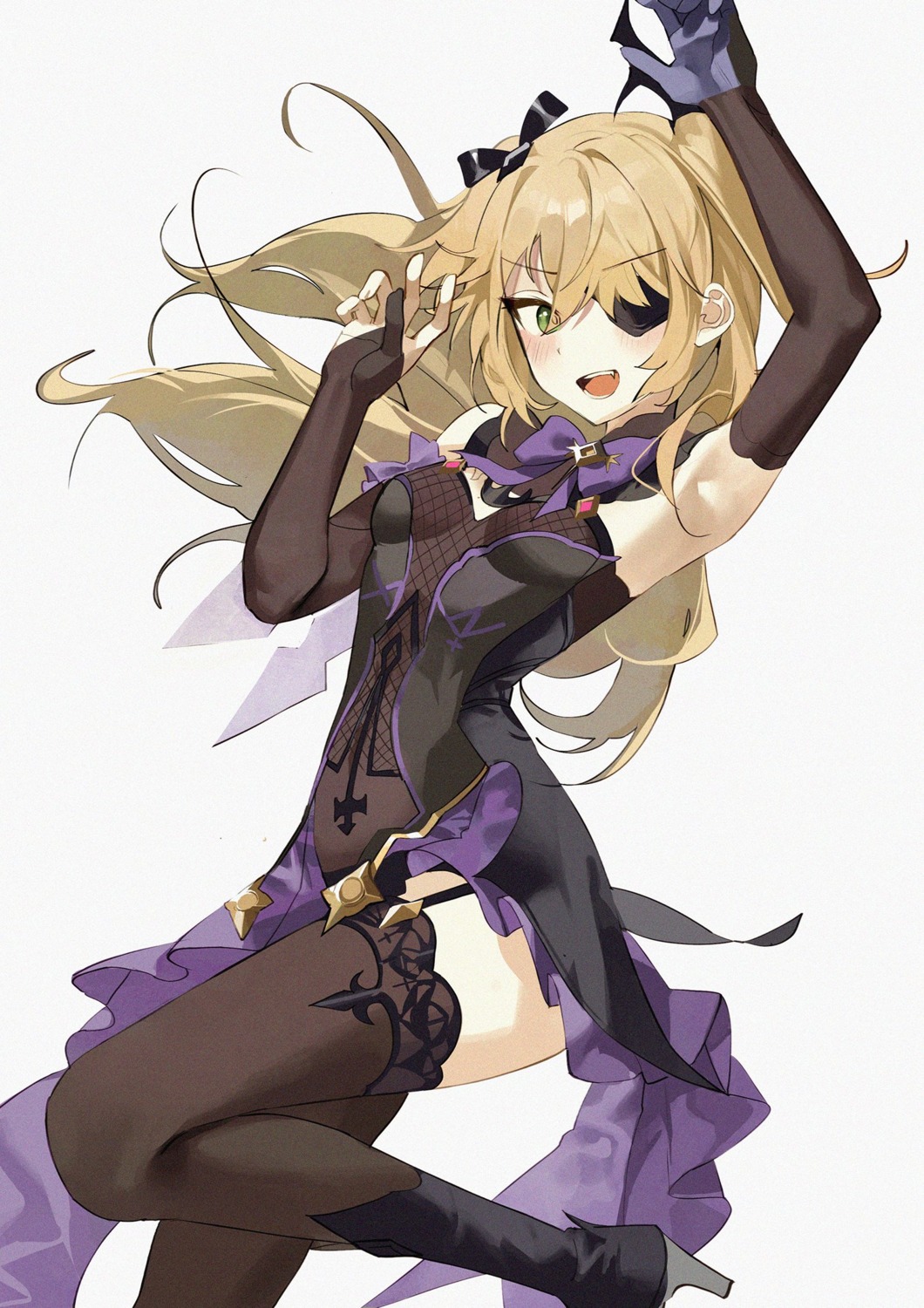 dress, eyepatch, fischl, fishnets, genshin_impact, heels, no_bra, retty2706