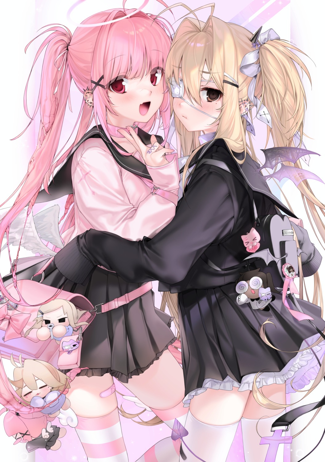angel, bandaid, chibi, eyepatch, lilith_(unxi), seifuku, sweater, tail, thighhighs, unxi, veinte_(unxi), wings