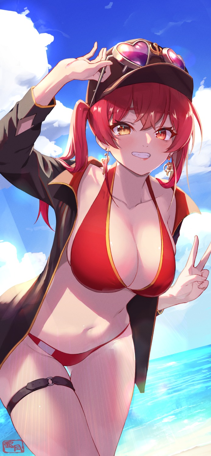 bikini, garter, heterochromia, hololive, houshou_marine, megane, open_shirt, shimotsuki_shio, swimsuits