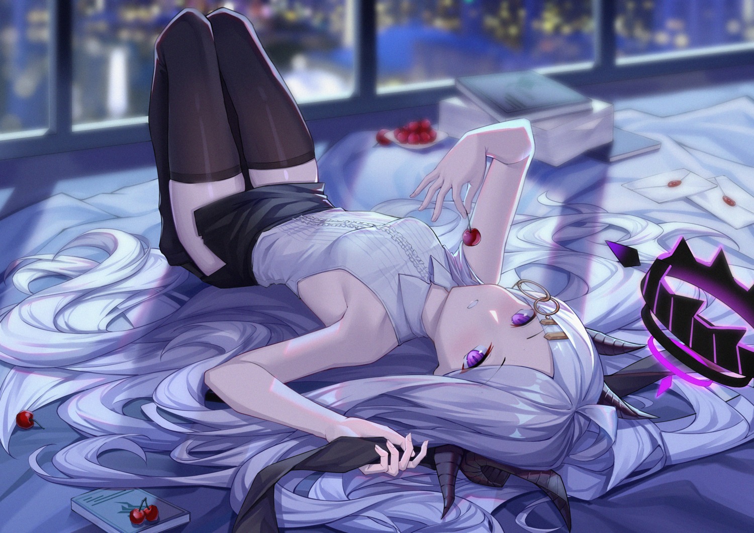 blue_archive, halo, horns, shaoxiao, sorasaki_hina, thighhighs