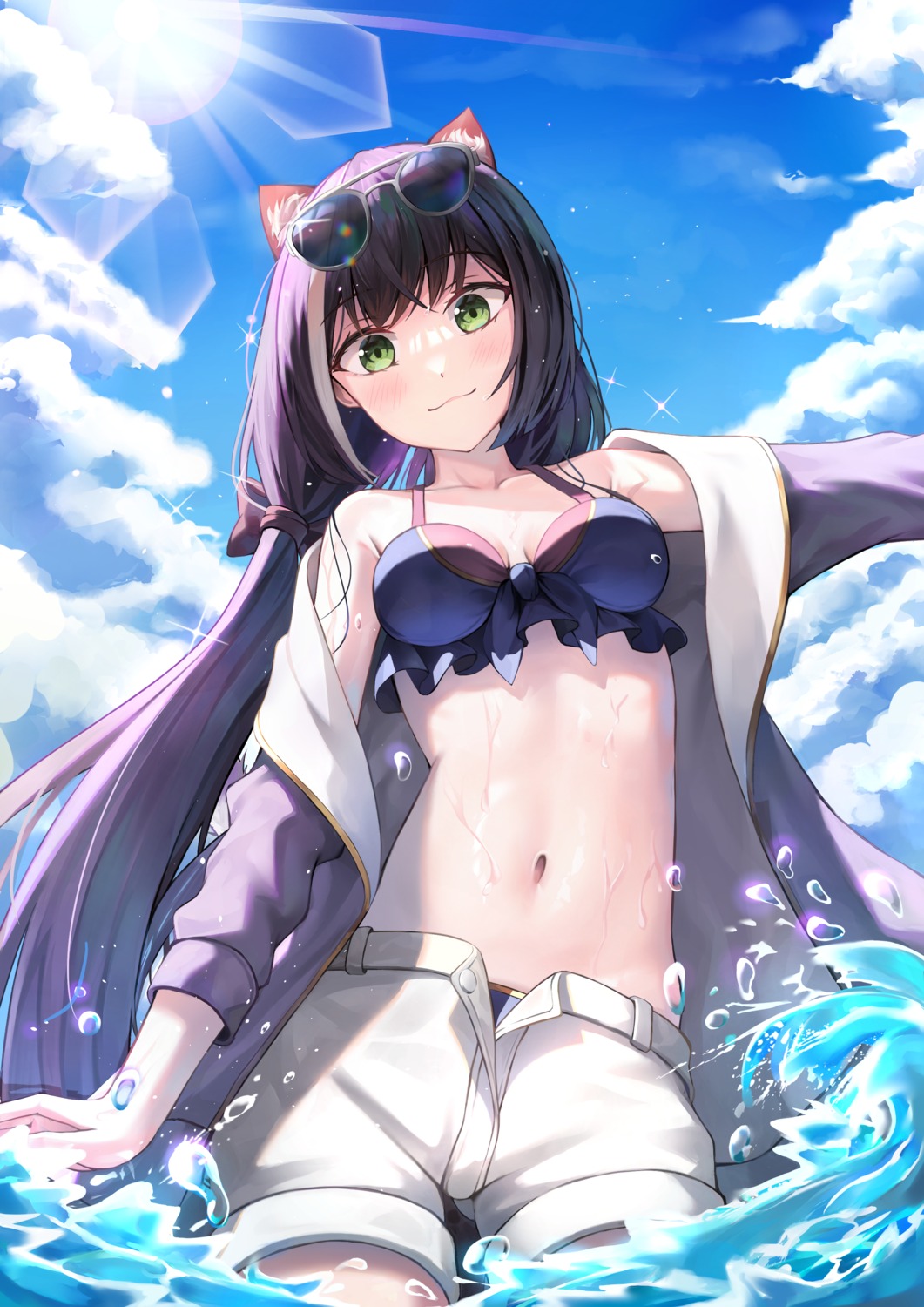 animal_ears, bekkuro, bikini_top, karyl_(princess_connect), megane, nekomimi, open_shirt, princess_connect!